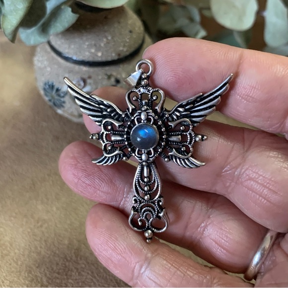 Dark Blue Labradorite Winged Cross Pendant - Picture 3 of 4